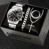 Men's 4-Piece Fashion Watch Set with Quartz Movement: Alloy Case, Stainless Steel Strap, Date Feature, Includes Watch, Bracelet, Cross Necklace, Ring