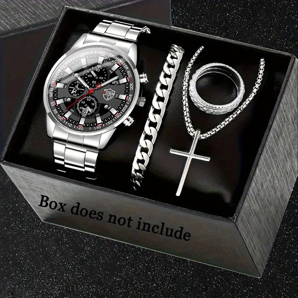 Men's 4-Piece Fashion Watch Set with Quartz Movement: Alloy Case, Stainless Steel Strap, Date Feature, Includes Watch, Bracelet, Cross Necklace, Ring