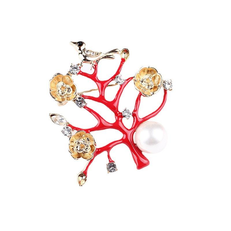 Chinese Style Bird Branch Pearl Brooch Drop Oil Design Flower Corsage Long-lasting Color Exquisite Cute Women's BFF Gift
