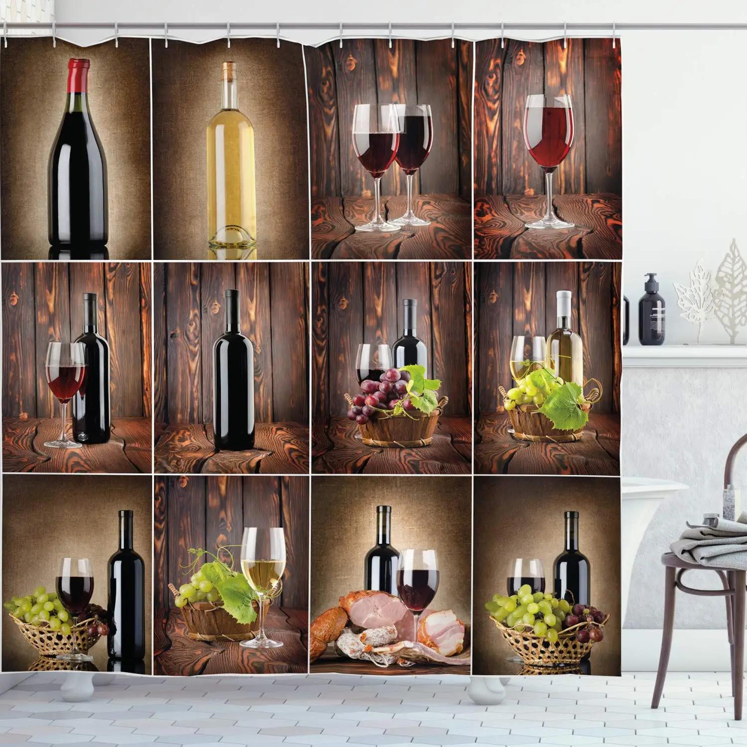 

Wine Shower Curtain Red Cabernet Bottle And Glass Cheese And Grapes On Wood Planks Printed Fabric Bathroom Curtains With Hooks W60H190(CM)-1 Pcs