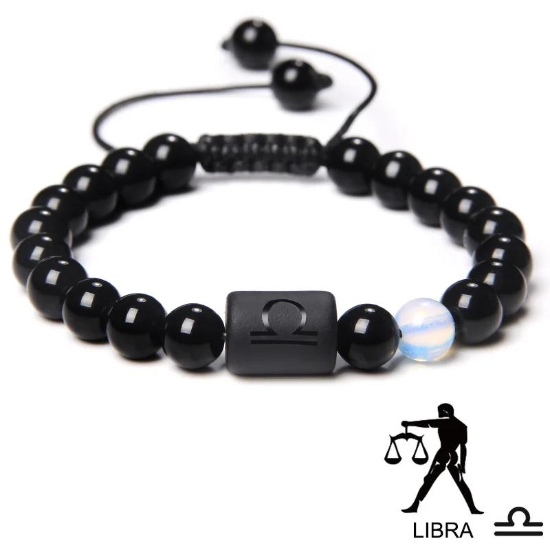 12 Constellation Zodiac Signs Bracelet Black Onyx Beads Cancer Leo Onyx Braided Bracelet for Women Men Couples Jewelry Gift