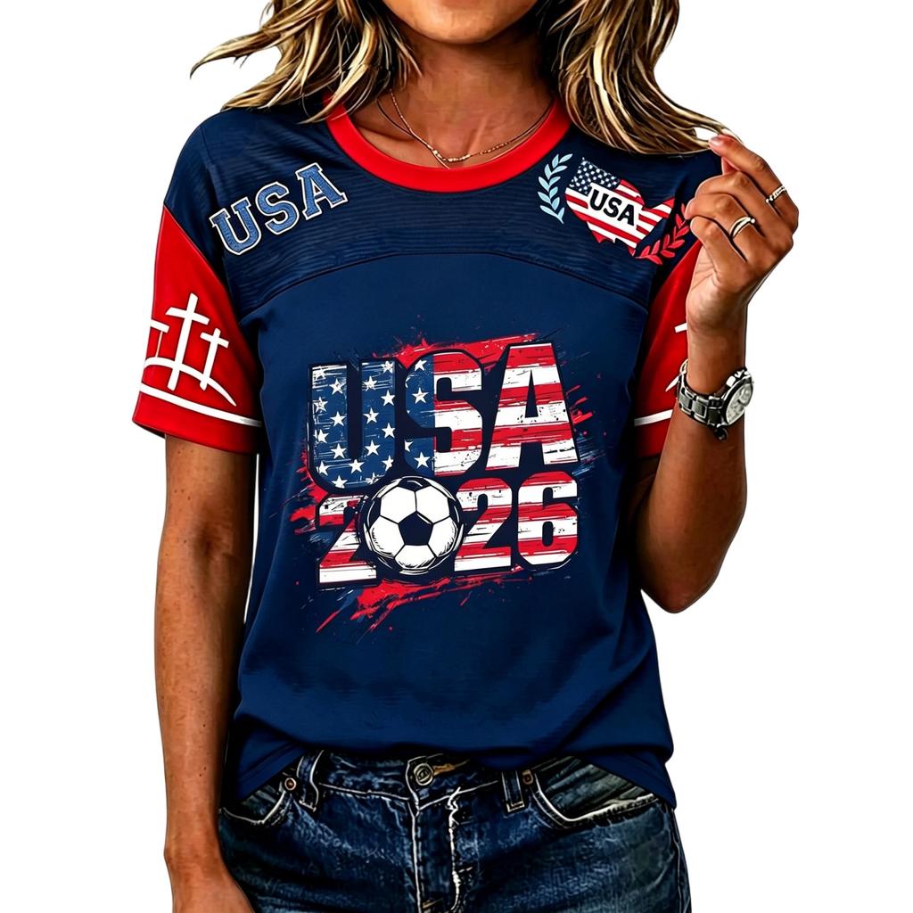 Women's Casual Short Sleeve Pullover Top Crew Neck Soccer Graphic Print Lightweight T-Shirt for Everyday Wear