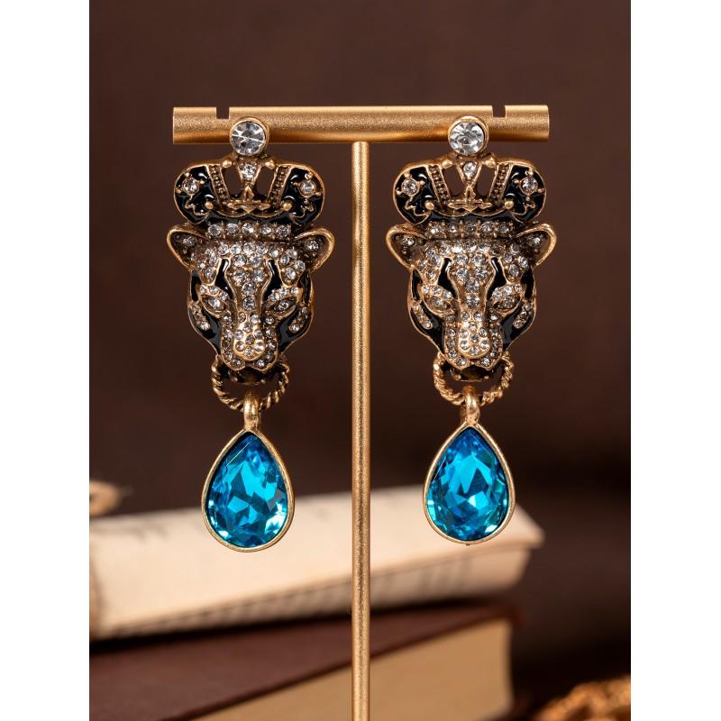 Vintage Leopard Head Water Drop Glass Earrings Light Luxury Micro Inlaid Zirconium Female