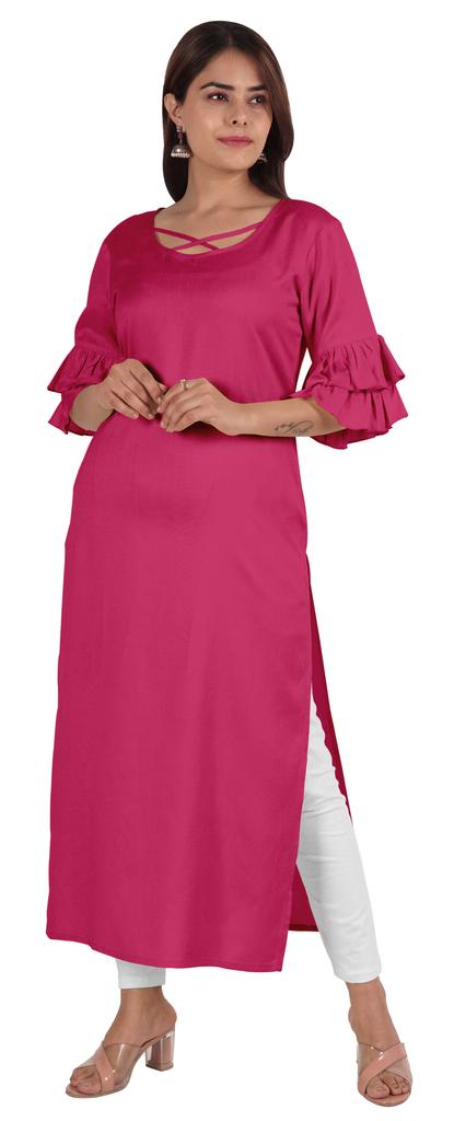 Moomaya Solid Designer Kurti Bell Sleeve Casual Long Straight Kurta For Women