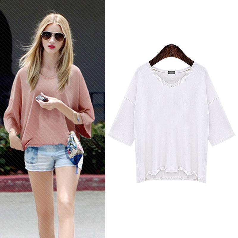 Women's V-Neck Mid-Sleeve Plus Size Loose T-Shirt - Summer Solid Color Versatile Top
