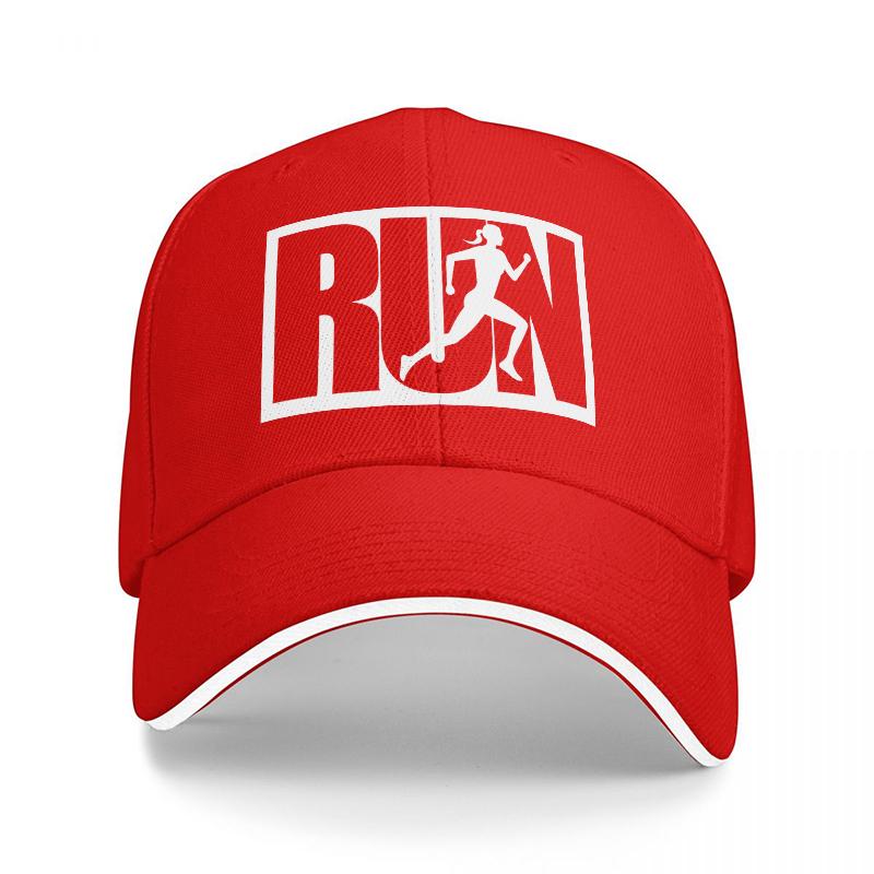 RUN Logo Black Baseball Cap with White Running Figure Design Sporty Style for Active Lifestyle Outdoor Fitness and Daily Wear