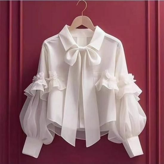 

Elegant 2025 Summer Blue Bow Ruffle Long Sleeve Women s Shirt 2XL (for 140-160 jin)
