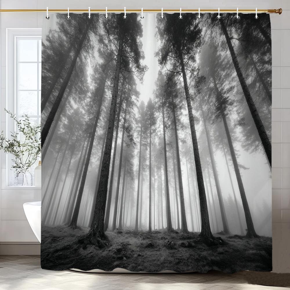 Schwarzer Baum Duschvorhang, Schwarzer Nebelwald Badezimmer Dekorativer Duschvorhang, Hängender Vorhang 12 Haken Maschinenwaschbar
