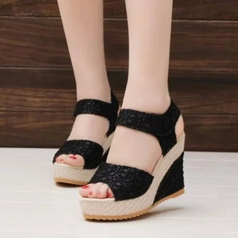 Summer Wedge Sandals Velcro Platform Platform Platform Platform Shoes Lace Hollow Heel Sandals Women