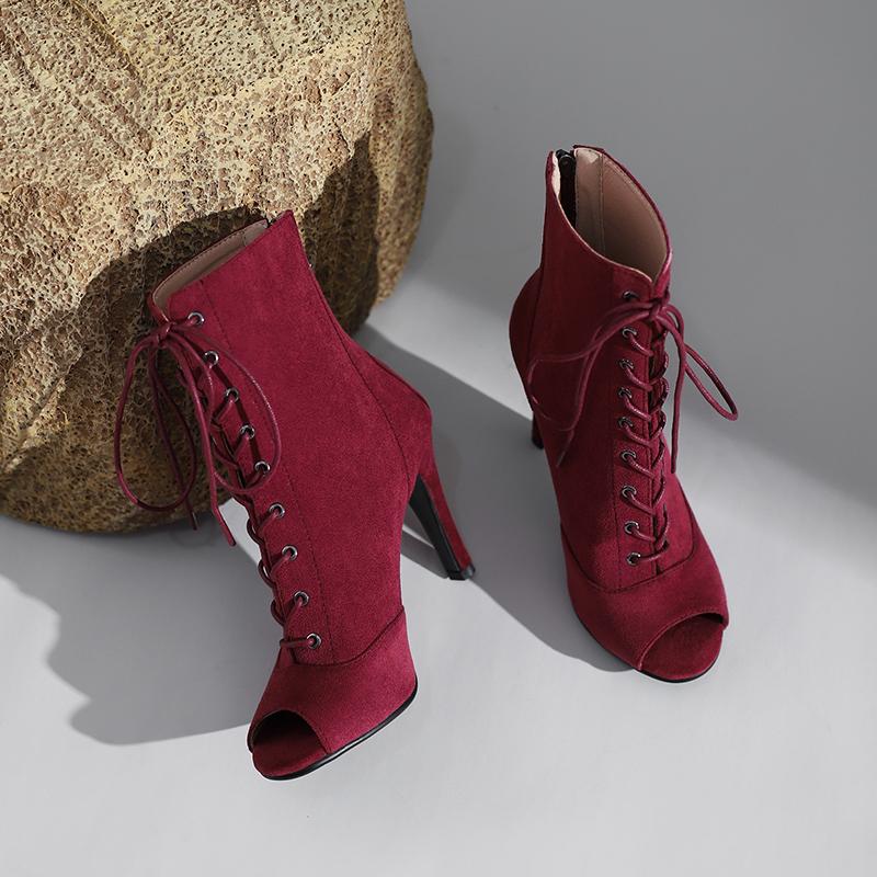 Mode Peep Toe Stiefeletten Für Frauen Jazz Dance Schuhe Sexy High Heels Sommer Schuhe Lace Up Wildleder Party Schuhe weibliche Große Größe
