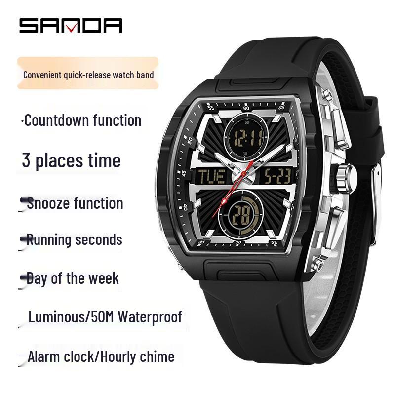 Sanda TEMU Men s Barrel-Shaped Dual Display Watch - Trendy, Casual, Waterproof with Three Time Zones