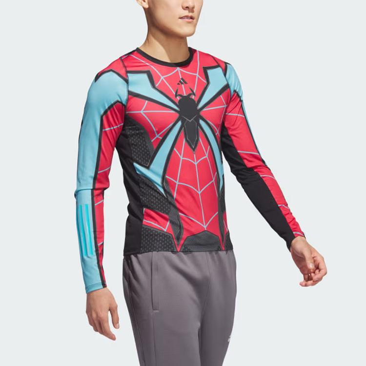 Adidas Geometric Pattern Compression Spider-Man Print Color Block Round Neck Long Sleeve T-Shirt Men Tops Black Red IP4533