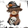 Halloween Highland Cattle Statue Resin Figurine Brown Cattle Statue Spider Pumpkin Highland Cow Figurines Table Shelf Decor