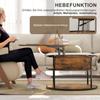 Round coffee table with liftable tabletop, storage space, side shelves, steel frame, coffee table, brown