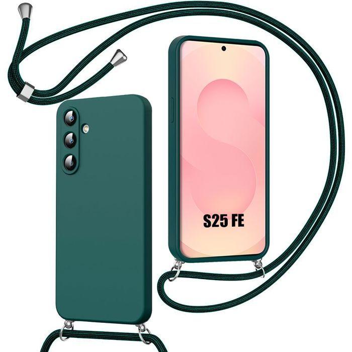 Coque pour Samsung Galaxy S25 FE, Silicone Liquide Souple Anti-Rayure avec Cordon Vert Nuit