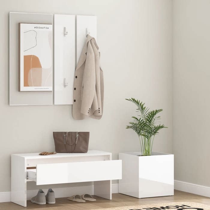 VidaXL Hallway Furniture Set Coat Rack Set Entrance Bench Mirror Planter Living Room Interior High Gloss White 3082059