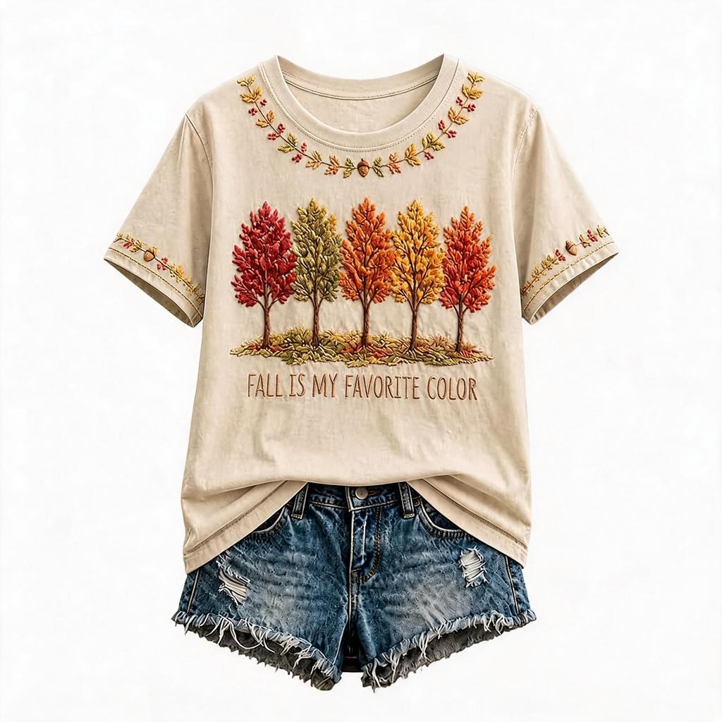 Women's Maple Leaf Print Short Sleeve T-Shirt for Fall