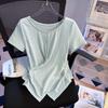 Irregular Cross Bamboo Cotton Short-sleeved T-shirt Women's New Summer Unique and Beautiful Waist Pinch Ice Silk Small Top