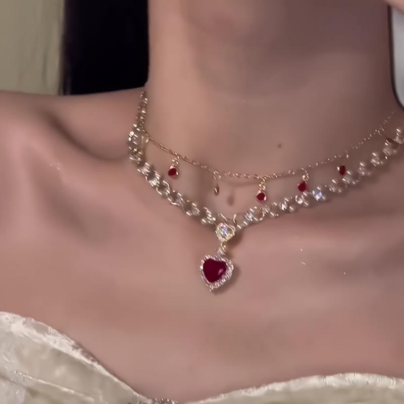 

1pc Sparkling Red Heart Double Layer Necklace Elegant Princess Style Versatile Daily Wear Luxury Gift for Women красный