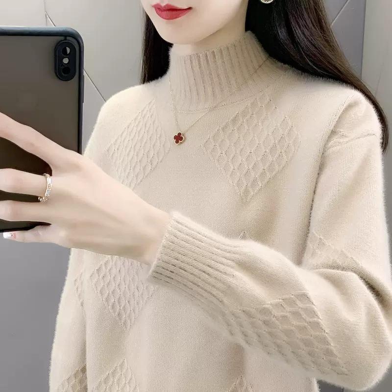 Women's Knitted Sweater Retro Top Sweater Autumn and Winter Semi High Neck Thick Warm Sweater