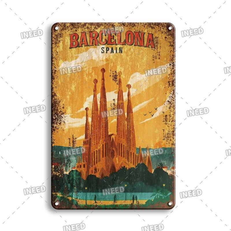 INEED Decor Vintage City Landscape Metal Tin Sign  New York London Italy  Retro Poster Travel Scenery Wall Art Stickers  Perf