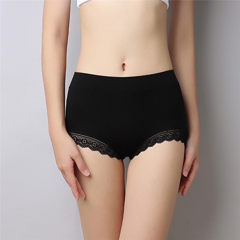 Large Size Underwear with Lace Edges Solid Color Modal Medium High Waist Briefs Abdominal Compression Hip Lifting for Women Panties