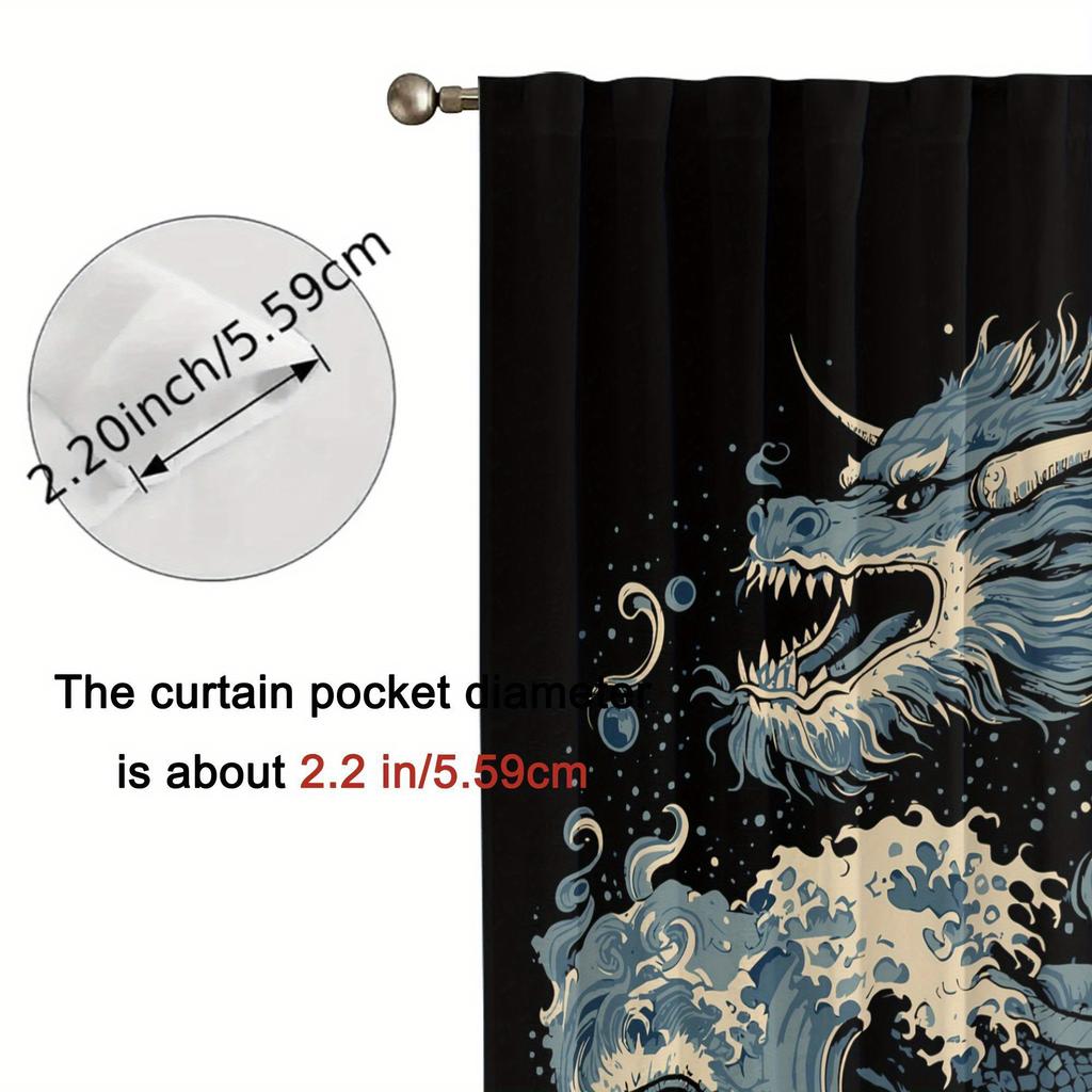 2pcs Dragon Design Blackout Curtains Polyester Retro Japanese-Inspired Dragon & Wave Art, Grommet Top for Easy Hanging