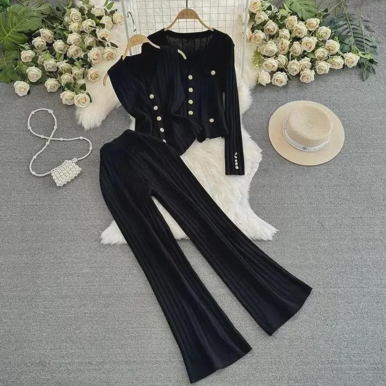 Spring & Autumn Long-Sleeve Knit Sweater with Split Wide-Leg Pants Two-Piece Set