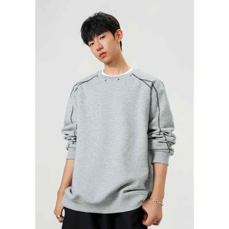 Men's 400g Rivet Round Neck Hoodie: Autumn Loose-Fit Trendy Couple Style Pullover.