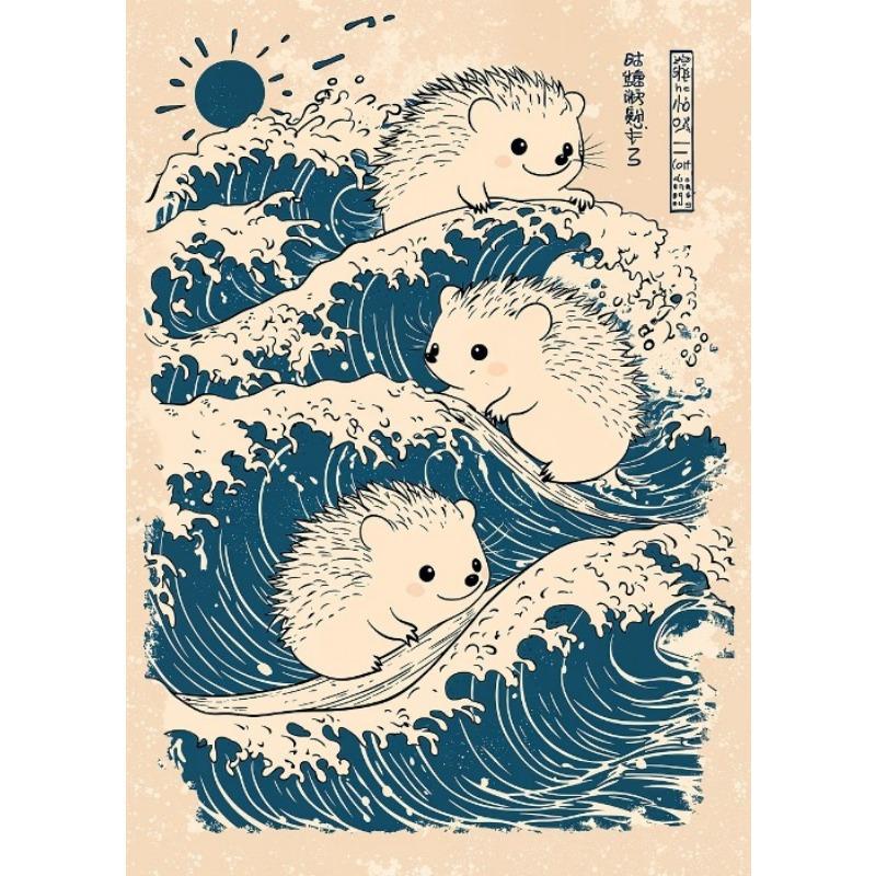 Retro Japanese Cartoons Animals Illustration Poster Wave Panda Cat Penguin Cute Animals Prints Kids Room Nursery Room Canvas Art