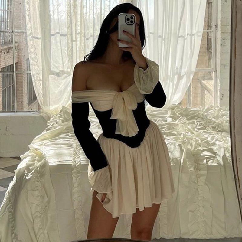 

French Style Retro Anti-Aging Black and White Contrast Color Bows off-Shoulder Dress Women s Pure Desire Elegant Silm A- line Skirt White S