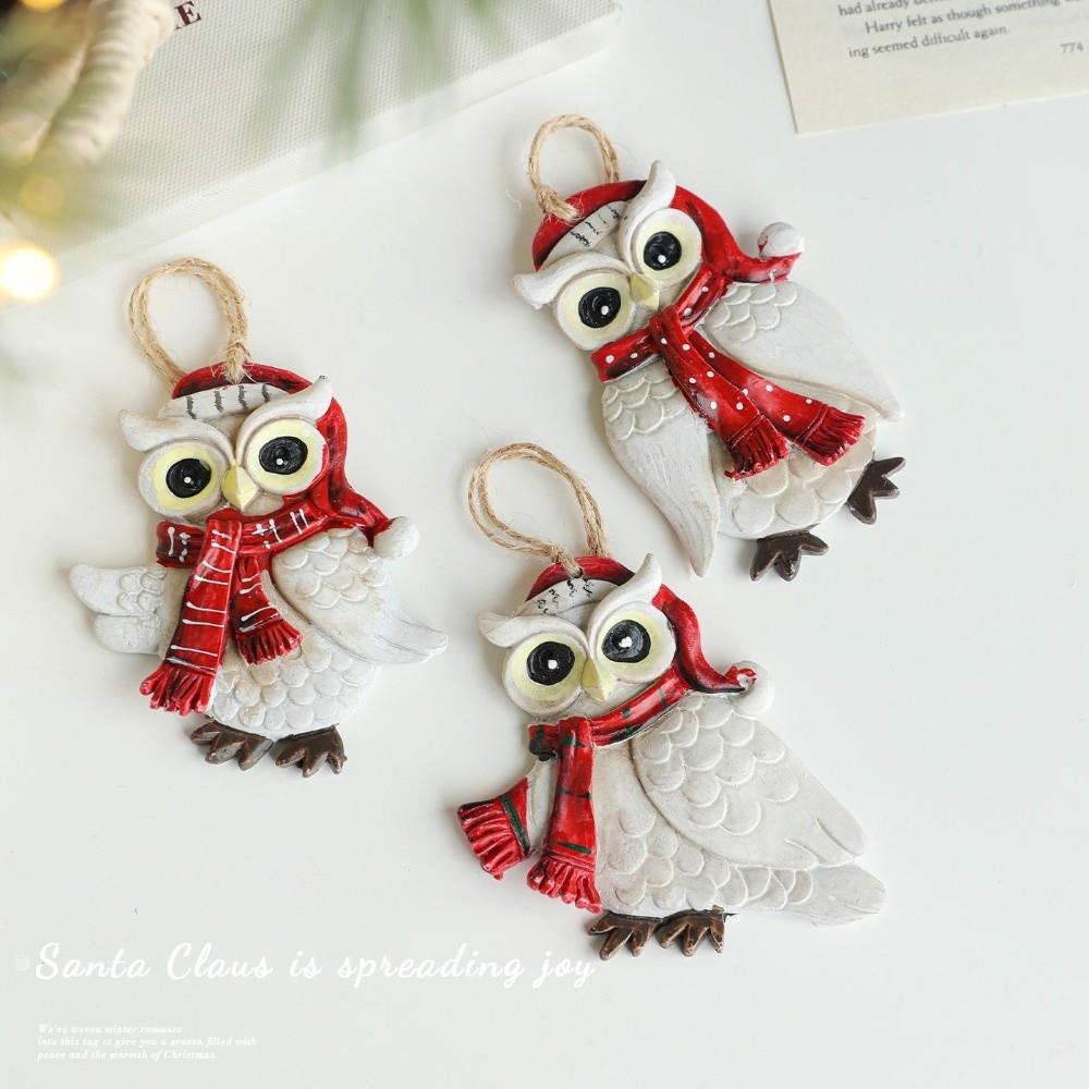 Festive Resin Owl Ornament with Jute Rope Vintage Resin Pendant Xmas Decor Gift Accessory