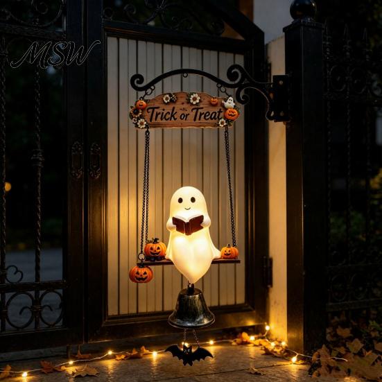Funny Ghost On Swing Decor Halloween Doorbell, with Pumpkins Decor, Gothic Style Trick Unique Holiday Gift for Home or Treat Sign, Farmhouse