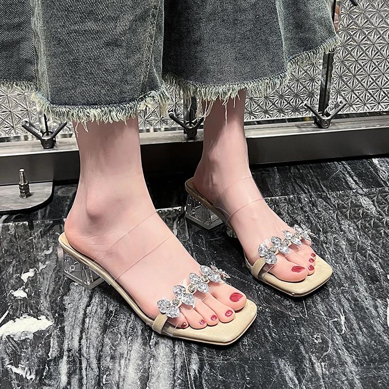 Fashion Shoes Female 2025 New Open Toe Women's Slippers Fashion Crystal Outdoor Dress Summer Square Toe Best Seller Heels Women Zapatos