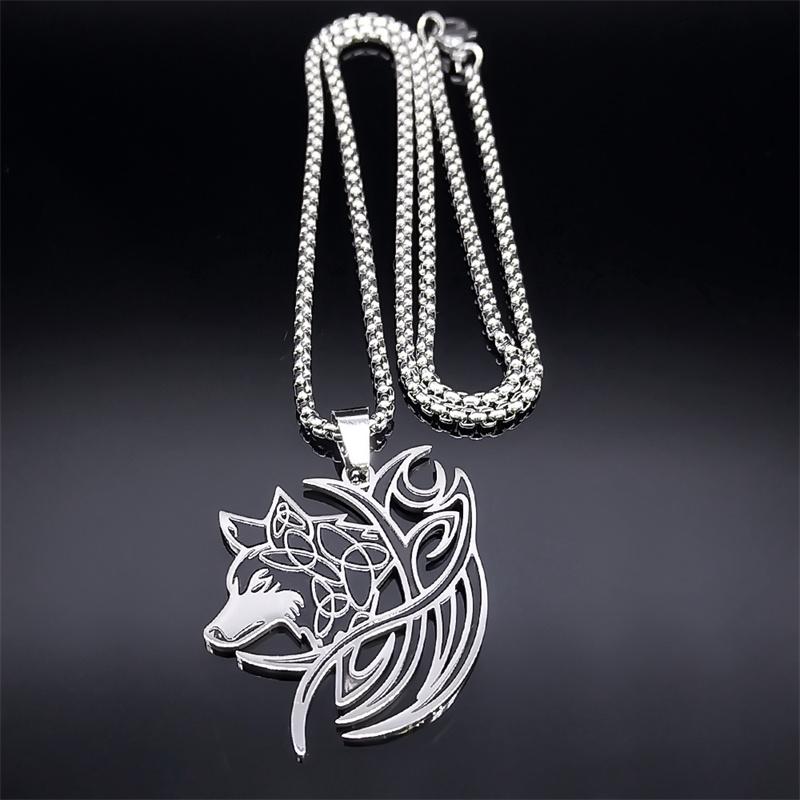Viking Wolf Knot Necklace Stainless Steel Valknut Odin Norse Symbol Jewelry for Men Women N7802S01