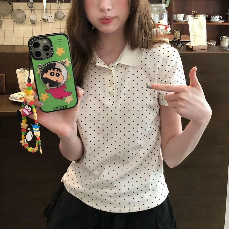 Women White Polka Dot Lapel Half Button Short Sleeve Polo Shirt