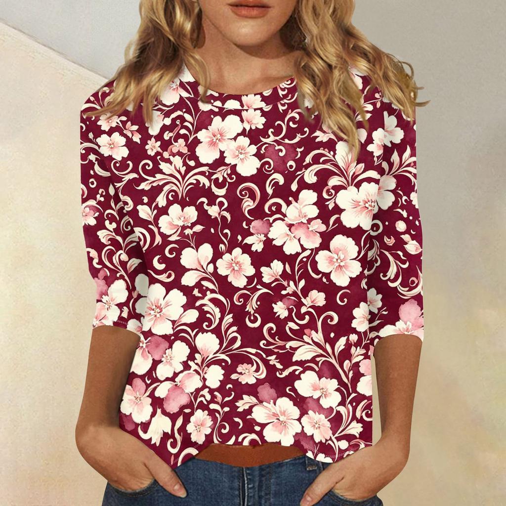 Women's Casual Floral Print Three Quarter Sleeve Top Round Neck Blouse Lightweight Comfortable Fit Suitable for Everyday Wear