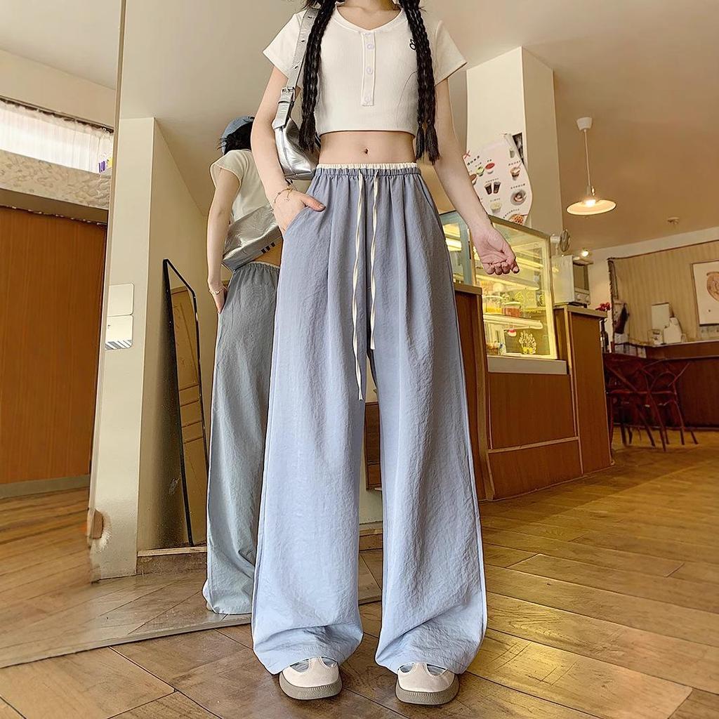 Korean Retro Colorblock Ice Silk Wide-Leg Summer Pants for Women
