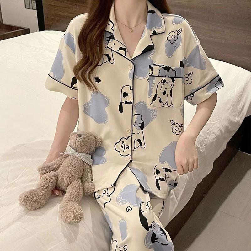 Recommended Pajamas Female Cute Cartoon Kitten Short-Sleeved Trousers Lazy House Cardigan Loungewear Can Be Worn Outside