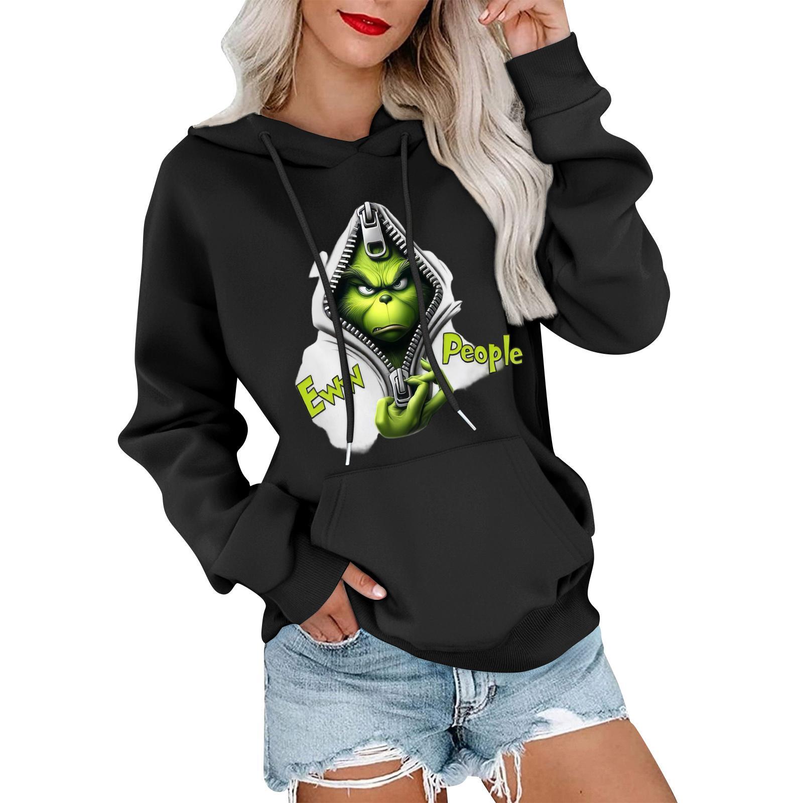 

Женский модный, расслабленный и удобный свитер с круглым вырезом и капюшоном, с длинными рукавами и рождественским принтом, теплый свитер XL