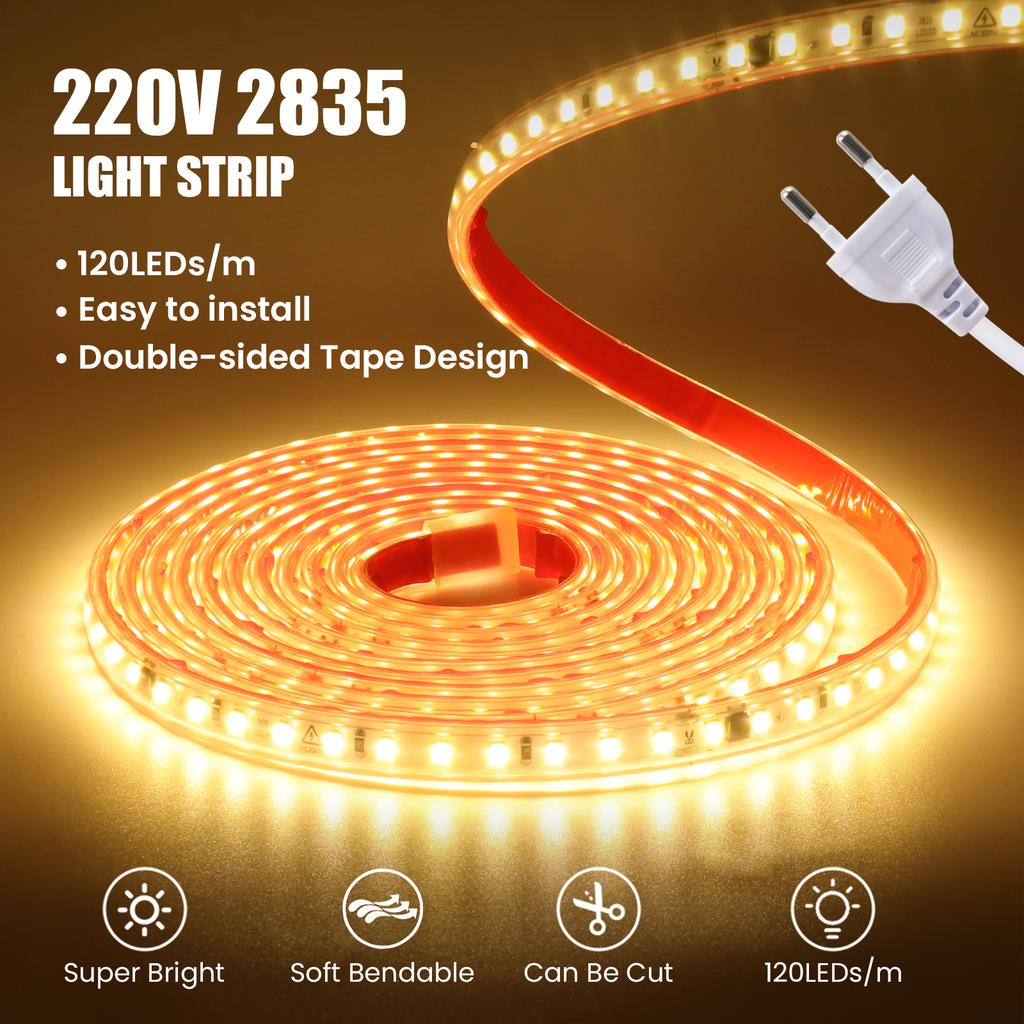 AC 220V Led Strip Lights High Brightness 2835 120 LEDs/M Flexible LED Tape Ribbon Waterproof Diode Rope Light Adhesive EU UK
