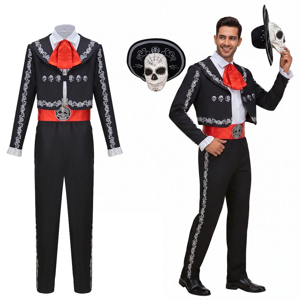 Herren Schädel Kostüm Tag der Toten Mexikanische Mariachi Band Retro Schädel-Print Rollenspiel Set Für Halloween Bühnenauftritte