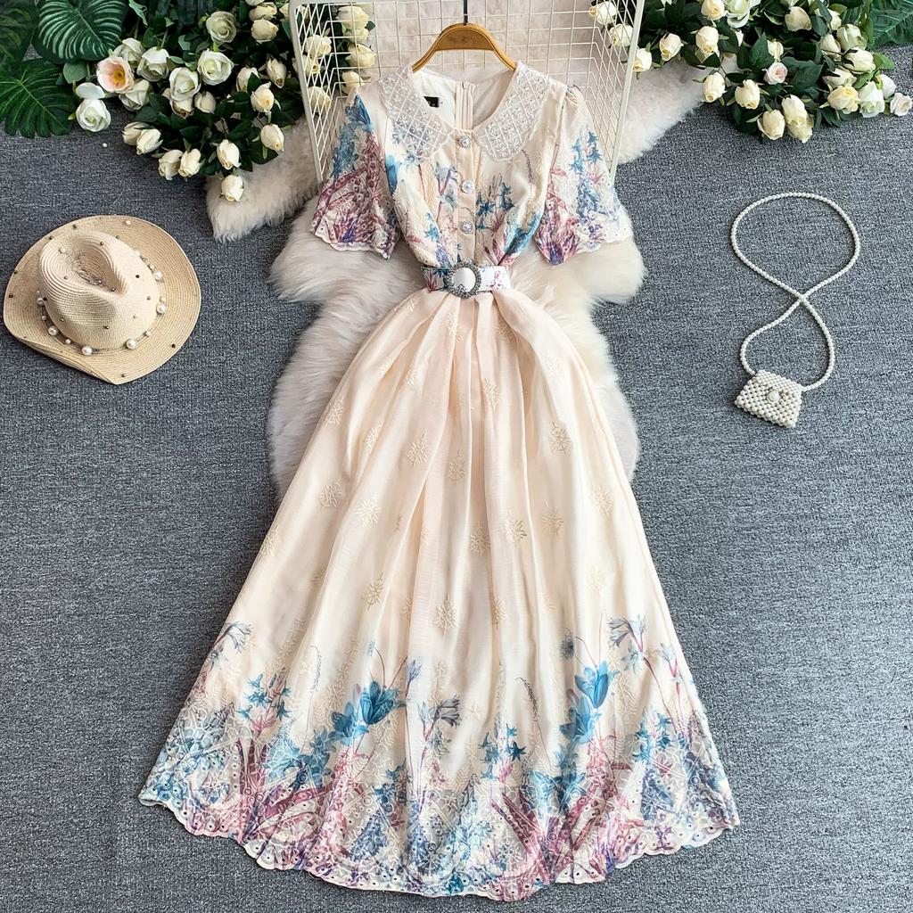 Embroidery Formal Luxury Evening Midi Dress Women Summer Beaded Peter Pan Collar Crochet Flower Hollow Out Short Sleeve Midi Dresses