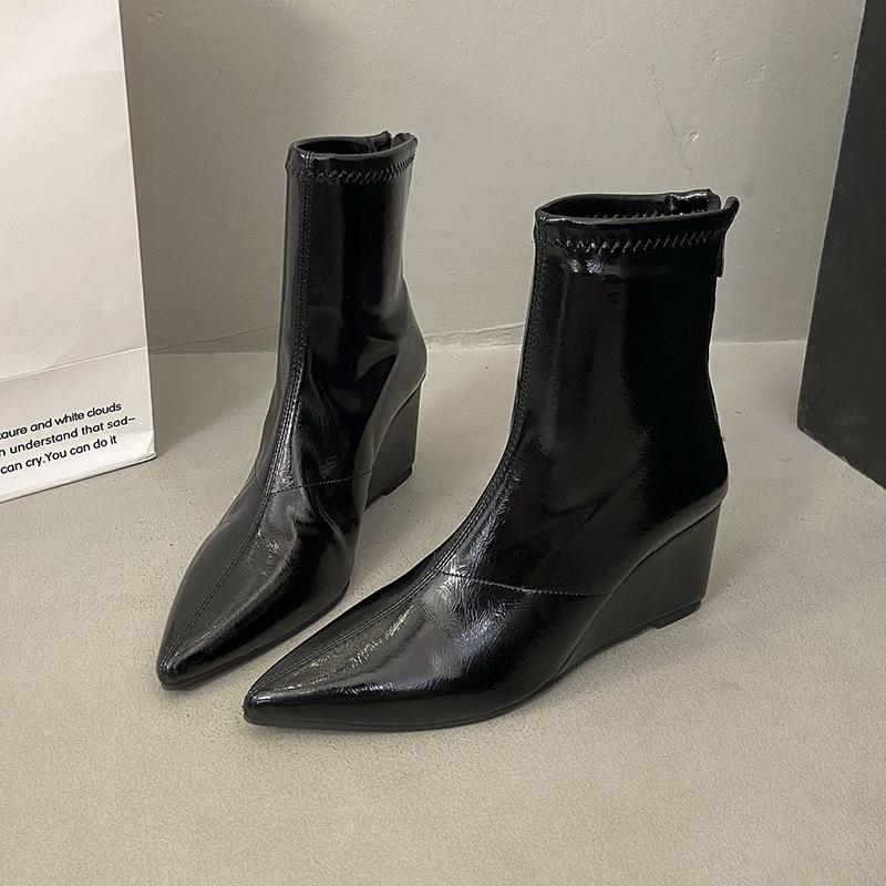 Slope Heel High Heel Short Boots 2025 New Autumn and Winter Pointed Elastic Thin Boots Black Retro Versatile Martin Boots Women