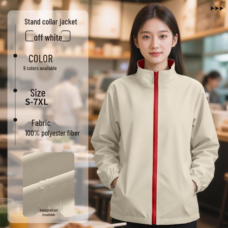 Custom Outdoor Work Jacket for Catering: Restaurant, Milk Tea, Coffee Waiter Uniform with Zipper and Logo Print.