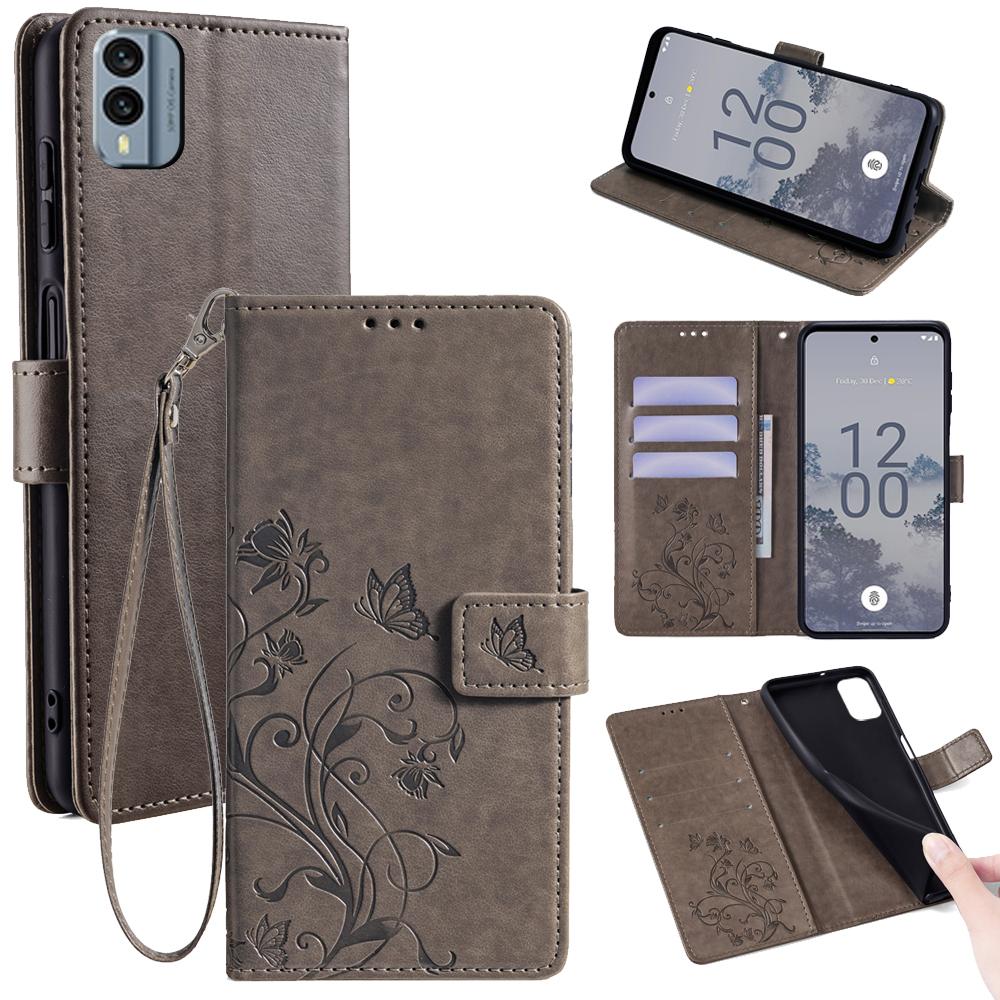 

Чехол для Nokia X30 5G с ремешком на руку, кошелек, откидной, из ПУ кожи, с рисунком бабочки и цветка, чехол для телефона Grey