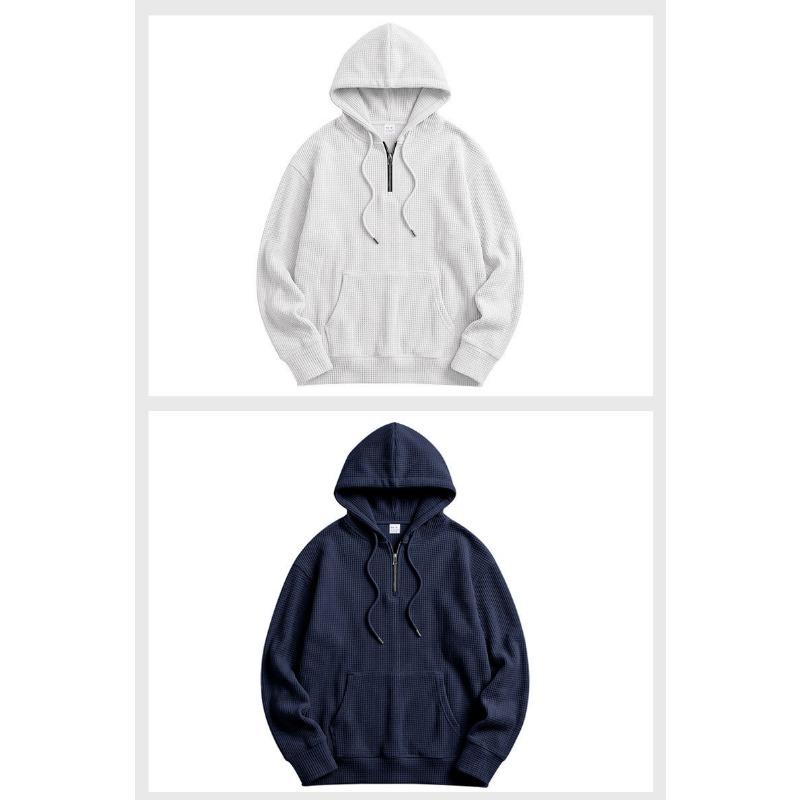 Men S Solid Color Waffle Hooded Half Zip Long Sleeve Pullover Sweatshirt