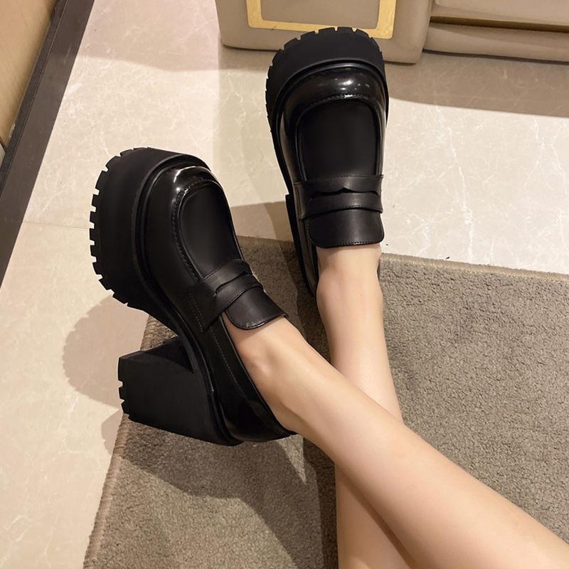 8cm Chunky Heel Platform Loafers Office Work Shoes Black Leather Shoes with Waterproof Sole Korean Thick Heel Casual Shoes