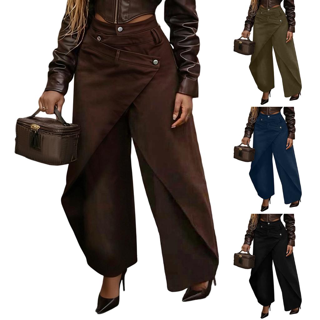 Damen Mode Lässig Vintage Weite Hosen Hohe Taille Lockere Passform Fließende Hosen Knopf Detail Leichter Stoff