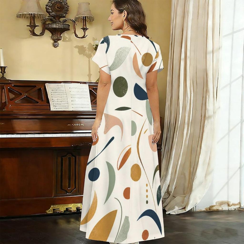 Women Plus Size V Neck Short Sleeve Geometric Printed Straight Long Dress